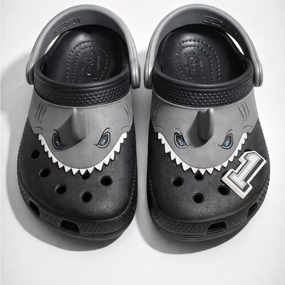 CROCS Kids' Fun Lab Classic Shark Clogs in black and grey. - Picture 2 of 5